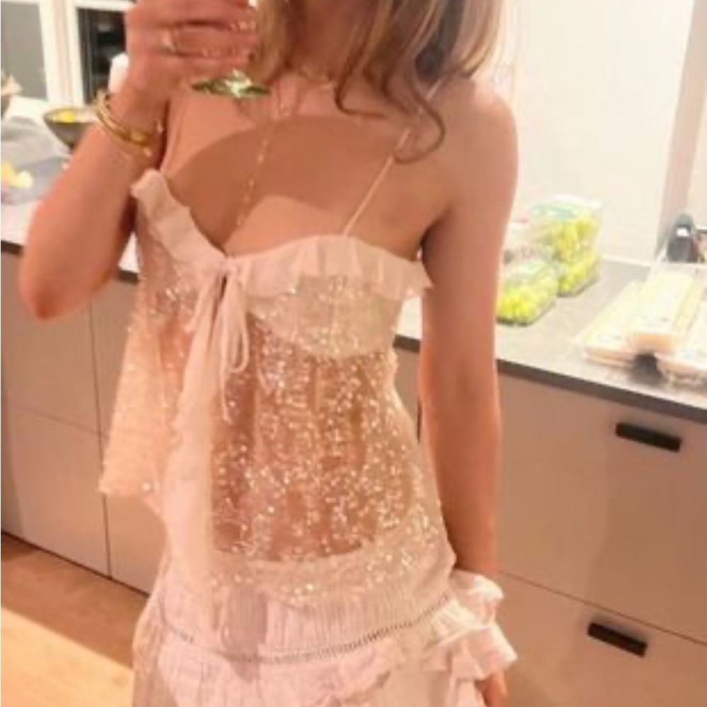 ZARA Sequins Blush Pink  Lace Camisole Butterfly Top XS